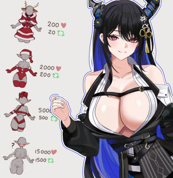 1girl asymmetrical_horns black_hair black_horns black_vest blue_hair breast_strap breasts cho_913 closed_mouth clothing_cutout collared_shirt colored_inner_hair commentary dress_shirt english_commentary feather-trimmed_sleeves flower_knot grey_background hair_ornament highres hololive hololive_english horns large_breasts like_and_retweet long_hair long_sleeves looking_at_viewer mole mole_under_eye multicolored_hair nerissa_ravencroft nerissa_ravencroft_(1st_costume) open_clothes open_shirt purple_eyes ribbed_shirt shirt shoulder_cutout sidelocks simple_background slit_pupils smile solo straight_hair tassel tassel_hair_ornament twitter_strip_game uneven_horns very_long_hair vest virtual_youtuber white_shirt