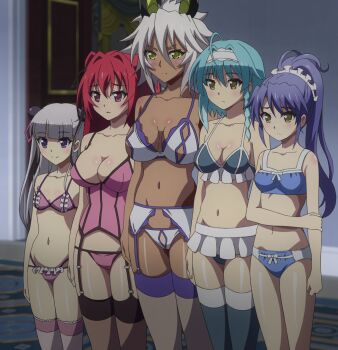 10s 5girls age_difference ahoge anime_screenshot aqua_hair arms_at_sides black_legwear blue_bra blue_hair blue_panties blunt_bangs blush blush_stickers bow bow_bra bow_panties bra braid breasts camisole cleavage collarbone cowboy_shot dark-skinned_female dark_skin demon demon_girl demon_horns door embarrassed expressionless female_focus flipped_hair frilled_bra frilled_legwear frilled_panties frills frown garter_belt garter_straps green_eyes groin hair_between_eyes hair_intakes hair_ornament hair_ribbon hair_scrunchie hairband headdress height_difference high_ponytail highleg highleg_panties highres holding holding_own_arm horns indoors lace lace-trimmed_legwear lace_trim large_breasts light_smile lineup lingerie long_hair looking_ahead looking_to_the_side microskirt midriff multicolored_bra multicolored_legwear multicolored_panties multiple_girls naruse_maria naruse_mio navel nonaka_kurumi nonaka_yuki open_mouth panties parted_lips pink_bra pink_eyes pink_legwear pink_panties pleated_skirt ponytail purple_bra purple_eyes purple_panties raised_eyebrows red_eyes red_hair ribbon scrunchie shadow shinmai_maou_no_testament shinmai_maou_no_testament_burst shiny_skin short_hair siblings side_braid sideboob sidelocks sisters size_difference skinny skirt slender small_breasts smile standing stitched string_panties thick_thighs thighhighs thighs third-party_edit training_bra twintails two_side_up underwear underwear_only white_hair white_legwear white_panties white_skirt yellow_eyes zest