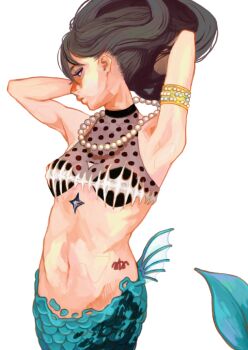 1girl armlet armpits arms_up bare_shoulders black_hair breasts cleavage commentary_request fins floating_hair gold_armlet green_tail groin hair_between_eyes halter_shirt halterneck jewelry long_hair looking_to_the_side mermaid monster_girl navel necklace negiusagi original pearl_necklace polka_dot scales see-through_clothes see-through_shirt shirt simple_background small_breasts solo tattoo white_background