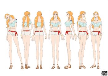 1girl alternate_costume alternate_hairstyle ass bare_legs bare_shoulders breasts cleavage curvy huge_breasts large_breasts looking_at_viewer low_twintails multiple_views nami_(one_piece) official_alternate_costume official_alternate_hairstyle official_art one_piece reference_sheet shiny_skin short_shorts shorts smile turnaround twintails wide_hips