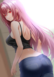 Rule 34 | 1girl, alternate costume, ass, bare shoulders, black shirt, black tank top, blue pants, breasts, casual, closed mouth, crop top, denim, engo (aquawatery), fate/grand order, fate (series), floating hair, from behind, hair between eyes, hair intakes, highres, jeans, large breasts, lips, long hair, looking at viewer, midriff, pants, pink lips, purple hair, red eyes, scathach (fate), shirt, sleeveless, sleeveless shirt, smile, solo, tank top