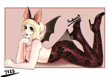 absurdres animal_ears bat_wings highres kagurabachi lace_pantyhose_hooked_on_heel_(meme) meme thighhighs toto_(kagurabachi) wings