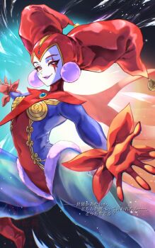 anniversary chrono_cross colored_skin commentary_request covered_navel gloves hanada_nadako harle_(chrono_cross) hat jester jester_cap looking_at_viewer pantyhose pink_lips red_gloves smile translation_request watermark white_skin