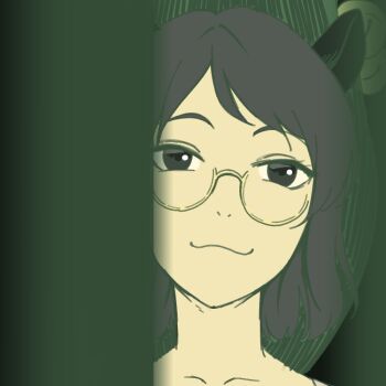 1girl alternate_eye_color alternate_hair_color amino_(tn7135) bad_id bad_pixiv_id bell black_eyes black_hair blurry depth_of_field female_focus flat_color futatsuiwa_mamizou glasses leaf_hat looking_at_viewer pince-nez portrait short_hair smile solo touhou upper_body yellow-framed_eyewear yellow_theme