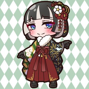 Rule 34 | 1girl, absurdres, argyle background, black boots, black gloves, black hair, black kimono, blue eyes, blush, boots, brown hakama, chibi, closed mouth, commentary request, flower, full body, fur collar, gloves, grey hair, hair flower, hair ornament, hakama, hakama skirt, highres, hololive, hololive dev is, japanese clothes, juufuutei raden, juufuutei raden (new year), kimono, long sleeves, looking at viewer, multicolored hair, official alternate costume, red flower, saishosaisekojo, short hair, skirt, smile, solo, standing, striped clothes, striped kimono, two-tone hair, virtual youtuber, white flower, wide sleeves