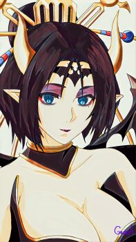 1girl absurdres bare_shoulders black_hair black_wings blue_eyes breasts cleavage demon_girl demon_horns demon_wings digimon digimon_(creature) eyeshadow gloria_(ggggggsan1) hair_bun highres horns large_breasts lilithmon makeup mole mole_under_eye pointy_ears purple_eyeshadow purple_lips red_eyeshadow simple_background slit_pupils solo upper_body white_background wings