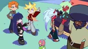 2boys 4girls afro beard black_hair blonde_hair blue_eyes blue_hair blunt_bangs bow breasts brief_(psg) car casual chuck_(psg) colored_inner_hair colored_skin commentary dark-skinned_male dark_skin demon_girl demon_horns dress earrings english_commentary facial_hair fang fastener_(psg) freckles g-string_(psg) garterbelt_(psg) glasses gothic_lolita green_eyes green_hair hair_bow hair_pulled_back highres hoop_earrings horns huge_afro hummer hummer_h1 jewelry kastovia247r kneesocks_(psg) limousine lolita_fashion long_hair middle_finger motor_vehicle multicolored_hair multiple_boys multiple_girls official_style orange_hair panty_&amp;_stocking_with_garterbelt panty_&amp;_stocking_with_garterbelt_(style) panty_(psg) pink_hair ponytail priest purple_hair red_skin scanty_(psg) siblings single_horn sisters skirt smile sports_utility_vehicle stocking_(psg) striped_clothes stuffed_animal stuffed_cat stuffed_toy thighhighs two-tone_hair yellow_eyes