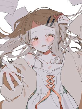 1girl absurdres ameno_(motiizamurai) arm_up blush brown_robe camisole collarbone colored_eyelashes commentary gakuen_idolmaster grey_hair hair_ornament hair_spread_out hairclip hand_on_own_head highres idolmaster looking_at_viewer lying on_back open_clothes open_hand open_mouth open_robe orange_eyes orange_ribbon paper parallel_hairclips parted_bangs reaching reaching_towards_viewer ribbon robe shinosawa_hiro single_off_shoulder solo upper_body white_background white_camisole