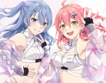 2girls ahoge alternate_costume armpits black_gloves blue_eyes blue_hair blush breasts cleavage cleavage_cutout clothing_cutout collared_shirt crop_top earrings fingerless_gloves gloves green_eyes grin hair_ornament hairclip hand_on_own_hip hand_up highres hololive hoshimachi_suisei jacket jewelry large_breasts matching_outfits multicolored_jacket multicolored_nails multiple_girls nya_inuha palms pink_hair purple_nails sakura_miko see-through_clothes see-through_jacket shirt small_breasts smile star_(symbol) star_in_eye sugar_rush_(hololive) symbol_in_eye v virtual_youtuber white_shirt x_hair_ornament