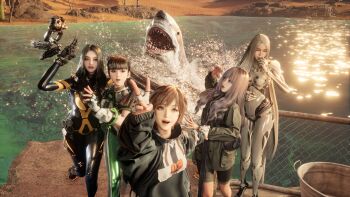 3d 5girls absurdres android brown_hair desert drone_(stellar_blade) enya_(stellar_blade) eve_(stellar_blade) great_white_shark highres kaya_(stellar_blade) laughing lily_artemis_ii_(stellar_blade) long_hair looking_at_viewer multiple_girls official_art open_mouth planet_diving_suit_(7th)_(stellar_blade) ponytail sand shark short_hair stellar_blade tachy_(stellar_blade) v water white_hair