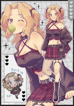 1girl alternate_costume alternate_hairstyle belt black_boots black_jacket blonde_hair boots breasts chewing_gum chibi collar fishnet_pantyhose fishnets food full_body girls_und_panzer heart highres holding holding_food jacket kay_(girls_und_panzer) large_breasts long_hair looking_at_viewer one_eye_closed pantyhose red_skirt s1567_ykmr skirt standing tongue tongue_out
