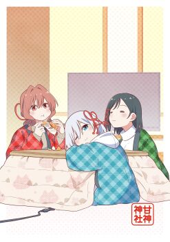 3girls :t ;) =_= absurdres amagami-san_chi_no_enmusubi amagami_asahi amagami_yae amagami_yuna artist_request black_hair blue_coat border brown_sweater coat commentary_request eating food fruit green_coat grey_hair hair_ribbon highres holding holding_food holding_fruit hood hood_down hoodie kotatsu looking_at_viewer multiple_girls official_alternate_hair_length official_alternate_hairstyle official_art one_eye_closed orange_(fruit) outside_border plaid_clothes plaid_coat red_coat red_hair red_ribbon ribbon second-party_source short_hair siblings sisters sitting smile sweater table under_kotatsu under_table unmoving_pattern white_border white_hoodie white_sweater