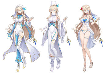 1girl absurdres alternate_costume bikini blonde_hair blue_eyes breasts celestial_craft_fleet commentary_request commission covered_navel dress flower hair_flower hair_ornament hat highres jewelry large_breasts long_hair looking_at_viewer mytea_(soso) sandals shoes side_slit simple_background skeb_commission smile swimsuit thighhighs veil white_background white_bikini white_dress white_hat white_shoes white_thighhighs white_veil