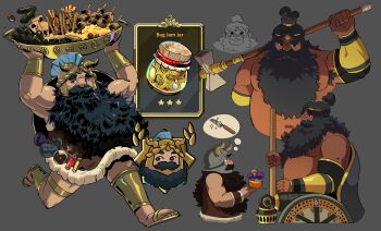 2boys :p absurdres alternate_costume bara beard belly big_belly carrying_overhead cosplay costume_switch cropped_torso crossover dungeon_meshi dwarf facial_hair fake_horns food hades_(series) hades_2 helmet hephaestus_(hades) highres holding_behind_neck horned_helmet horns long_beard long_hair male_focus multiple_boys mustache potion profile running senshi_(dungeon_meshi) sideways_glance skewer solid_circle_eyes sparkle sparkling_aura thick_mustache tongue tongue_out very_long_beard very_long_hair yuzu_(yuzumitsuu)