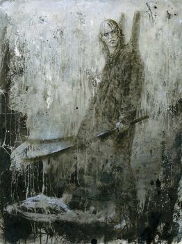 Rule 34 | balding, buckle, coat, copyright request, dripping, eyeshadow, from side, luis royo, makeup, malefic time, marduk (malefic time), messy, messy hair, obscured, original, rain, sandals, sheath, splashing, sword, thin hair, toes, traditional media, trench coat, weapon