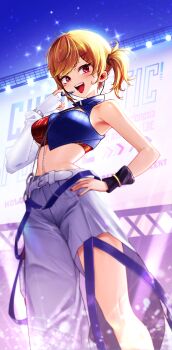 1girl :d absurdres belt blonde_hair blue_shirt blue_shoes breasts cargo_pants cleavage_cutout closed_mouth clothing_cutout commentary crop_top cropped_shirt detached_sleeves earbuds earphones hair_ornament hairclip halter_shirt halterneck hand_on_own_hip headset highres hololive hololive_indonesia kaela_kovalskia leg_cutout looking_at_viewer midriff nail_polish night official_alternate_costume official_alternate_hairstyle one_side_up open_mouth outdoors pants radi_(pixiv_88192217) red_eyes red_nails revision shirt shoes short_hair single_detached_sleeve single_wrist_cuff sleeveless sleeveless_shirt smile sneakers solo swept_bangs teeth turtleneck upper_teeth_only virtual_youtuber white_belt white_pants wrist_cuffs