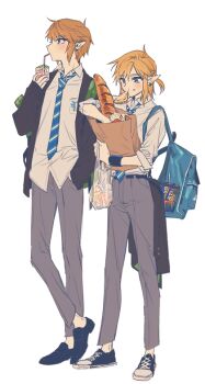 2boys backpack bag baguette bangoul black_shoes blonde_hair blue_eyes bread collared_shirt commentary_request diagonal-striped_clothes diagonal-striped_necktie drink_carton drinking_straw earrings food full_body grey_pants grocery_bag height_difference holding holding_bag jacket jewelry juice_box korean_commentary link male_focus multiple_boys necktie nintendo pants paper_bag plastic_bag pointy_ears shirt shirt_tucked_in shoes shopping_bag short_hair simple_background standing striped_clothes suit_jacket the_legend_of_zelda untucked_shirt white_background white_shirt white_shoes