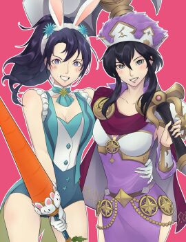 Rule 34 | 2girls, animal ears, arm around waist, armor, axe, belt, black hair, blush, bracer, breastplate, breasts, cape, carrot, cleavage, commission, commissioner upload, fake animal ears, fir (fire emblem), fir (spring) (fire emblem), fire emblem, fire emblem: genealogy of the holy war, fire emblem: the binding blade, fire emblem heroes, gloves, hat, highres, holding, holding axe, holding carrot, holding weapon, hug, hug from side, larcei (fire emblem), larcei (scion) (fire emblem), leotard, long hair, looking at viewer, multiple girls, nintendo, official alternate costume, over shoulder, pink background, ponytail, popped collar, purple hair, rabbit ears, short hair, shoulder armor, sidelocks, simple background, sleeveless, smile, standing, tailcoat, tailcoat playboy bunny, wanderstillart, weapon