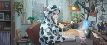 1girl animal_ears animal_print black_hair blunt_bangs book book_stack bookshelf chair commentary_request computer copyright_notice cow_ears cow_hood cow_horns cow_print cup desk_lamp fake_animal_ears fake_horns from_side grey_hair highres hololive hololive_english hood hood_up horns indoors lamp laptop long_hair multicolored_hair novelites_(shiori_novella) nyakuza_(shiori_novella) official_art on_chair onesie plant potted_plant rain reading sakatsuki_yakumo shiori_novella sitting solo split-color_hair virtual_youtuber yellow_eyes yorick_(shiori_novella)