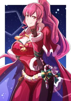 Rule 34 | 1girl, absurdres, alternate breast size, alternate costume, anna (fire emblem), bag, bell, blue cape, blush, breasts, brown gloves, candy, candy cane, cape, capelet, christmas, cleavage, coin, commentary, cosplay, finger to cheek, fire emblem, fire emblem: three houses, fire emblem engage, fire emblem heroes, food, fur-trimmed capelet, fur trim, gloves, high ponytail, highres, large breasts, long sleeves, looking at viewer, nintendo, pink eyes, pink hair, ponytail, red cape, sidelocks, smile, solo, star (sky), star (symbol), starry background, to (tototo tk), two-tone cape, yunaka (fire emblem), yunaka (fire emblem) (cosplay), yunaka (spirited envoy) (fire emblem)