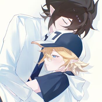 Rule 34 | 2boys, ahoge, anmicius, aotu world, baseball cap, black hat, black necktie, blonde hair, blue eyes, blue necktie, blush, brown hair, chinese commentary, closed eyes, closed mouth, collared shirt, hair between eyes, hat, height difference, highres, hongyeshiliu, hood, hood down, hoodie, hug, king (aotu world), long sleeves, male focus, multicolored hat, multicolored hoodie, multiple boys, necktie, parted lips, pointy ears, profile, shirt, short hair, short sleeves, simple background, upper body, white background, white hoodie, white shirt, yaoi