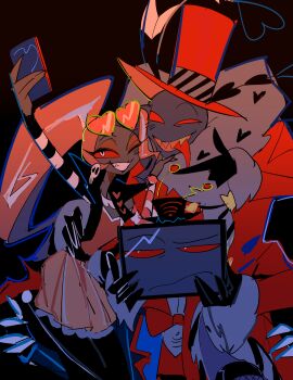 1girl 2boys apios coat colored_skin commentary_request demon_boy dress fur-trimmed_coat fur_trim hazbin_hotel heart heart-shaped_eyewear hellaverse highres multiple_boys pink_coat pink_dress ponytail purple_skin red_eyes sharp_teeth teeth valentino_(hazbin_hotel) velvette_(hazbin_hotel)