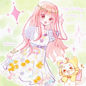 &gt;_&lt; 1girl ahoge artist_name blunt_bangs bow bowtie bracelet brooch brown_eyes butterfly_necklace cellphone character_name cloak collarbone cowboy_shot daisy_(flower) dated dot_nose dress dress_flower ear_covers english_text eyelashes flower flower_bracelet flower_brooch frilled_sleeves frills happy happy_birthday hashtag-only_commentary head_wreath highres holding holding_phone hood hood_up hooded_cloak jewelry light_blush long_hair long_sidelocks momo_(nikki) navel nikki_(series) nikki_up2u2:_world_traveller notice_lines open_mouth orange_bow orange_bowtie outline phone pink_flower pink_hair pleated_dress purple_flower purple_sleeves short_sleeves sidelocks simple_background single_bare_arm skirt_hold smartphone smile sparkle spring_waltz_(nikki) standing suiminrin tareme traditional_bowtie v very_long_hair wavy_hair whiskers white_dress white_flower white_outline yellow_cloak yellow_flower