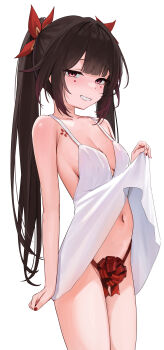 1girl absurdres breasts brown_hair camisole camisole_lift clothes_lift cowboy_shot grin hair_ribbon highres honkai:_star_rail honkai_(series) lifting_own_clothes long_hair medium_breasts navel red_eyes red_nails red_ribbon ribbon shirt simple_background skai_kun smile solo sparkle_(honkai:_star_rail) twintails very_long_hair white_background white_shirt