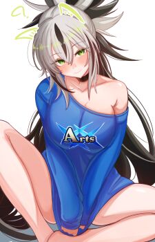 0nineo9 1girl ? absurdres alternate_costume animal_ears arts_shirt bare_shoulders barefoot black_hair blue_shirt blush breasts cat_ears choker collarbone commentary english_commentary fate/grand_order fate_(series) green_eyes hair_between_eyes high_ponytail highres large_breasts long_hair long_sleeves looking_at_viewer multicolored_hair nagao_kagetora_(fate) off_shoulder ponytail shirt sidelocks sitting smile solo thighs two-tone_hair uesugi_kenshin_(first_ascension)_(fate) very_long_hair white_hair