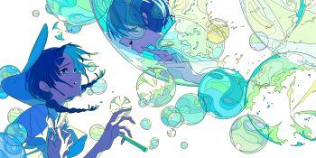 Rule 34 | 2girls, absurdres, blue hair, bubble, commentary, crying, crying with eyes open, floating hair, highres, lazool 721, long hair, multiple girls, original, school uniform, serafuku, tears, twintails