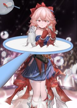 1girl absurdres arknights bead_bracelet beads blue_dress bracelet commentary dress earrings english_commentary feet_out_of_frame fish gloves glowstick goldfish goldfish_scooping hair_between_eyes haruka_(arknights) highres holding holding_microphone jewelry long_hair long_sleeves looking_at_viewer mebe_(teadia_violet) microphone mole mole_on_cheek open_mouth pink_hair pointy_ears red_eyes red_gloves standing