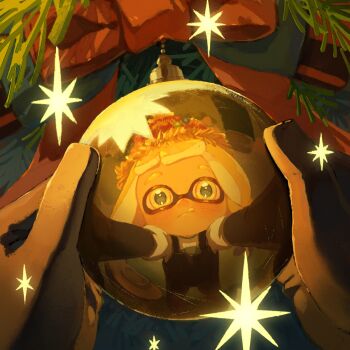 1girl bow character_request christmas christmas_ornaments christmas_tree dmwggg highres inkling_girl inkling_player_character nintendo pov pov_hands red_bow reflection reflection_focus solo splatoon_(series) splatoon_3