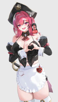 1girl absurdres apron arm_bow bare_shoulders black_collar black_corset black_hat black_ribbon black_sleeves blush breasts cleavage collar corset cutlass detached_collar detached_sleeves fang frilled_apron frills glasses goddess_of_victory:_nikke grey_background hair_intakes hair_ornament hair_ribbon hairclip hat heart heart_hands heart_in_eye highres huge_breasts labbri large_breasts long_hair looking_at_viewer maid_apron mast_(nikke) mast_(romantic_maid)_(nikke) morgan_(nikke) multicolored_hair navel navel_peek neckerchief open_mouth pink_eyes pink_hair pirate_hat red_neckerchief ribbon simple_background skin_fang skull_hair_ornament sleeve_garter smile streaked_hair symbol_in_eye thighhighs thighs two-tone_hair waist_apron white_apron white_wrist_cuffs wrist_cuffs