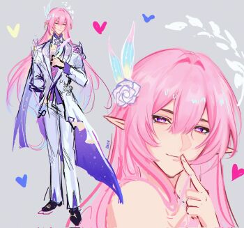 1boy arm_behind_back closed_eyes closed_mouth commentary_request corrupted_twitter_file cyrene_(honkai:_star_rail) cyrene_(ripples_of_past_reverie)_(honkai:_star_rail) diamond-shaped_pupils diamond_(shape) finger_to_mouth genderswap genderswap_(ftm) gradient_hair grey_background hair_between_eyes hand_up heart highres honkai:_star_rail honkai_(series) jacket jhenny345 looking_at_viewer male_focus multicolored_hair multiple_views pants pink_hair purple_eyes purple_hair purple_shirt shirt shushing sidelocks simple_background smile spanish_commentary symbol-shaped_pupils tailcoat white_jacket white_pants