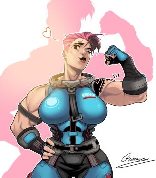 1girl absurdres armor artist_name asymmetrical_bangs belt biceps breasts detached_sleeves flexing groove1121 hand_on_own_hip head_tilt heart highres large_breasts lipstick looking_at_viewer makeup muscular muscular_female one_eye_closed overwatch pink_hair shadow short_hair shoulder_tattoo signature silhouette simple_background solo spoken_heart tattoo white_background zarya_(overwatch)