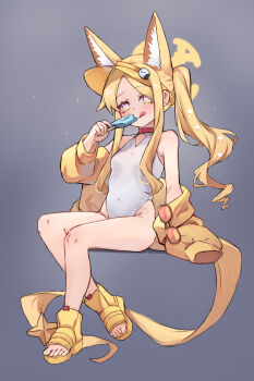1girl :q animal_ear_fluff animal_ears bare_shoulders blonde_hair blue_archive boots breasts closed_mouth commentary covered_navel english_commentary eyewear_hang food forehead fox_ears fox_girl fox_tail full_body grey_background highres holding holding_food jacket leotard long_sleeves miya_(miyaruta) off_shoulder open-toe_boots open_clothes open_jacket parted_bangs popsicle puffy_long_sleeves puffy_sleeves purple_eyes red-tinted_eyewear seia_(blue_archive) seia_(swimsuit)_(blue_archive) side_ponytail simple_background sitting small_breasts smile solo sunglasses tail tinted_eyewear tongue tongue_out unworn_eyewear visor_cap white_leotard yellow_boots yellow_jacket