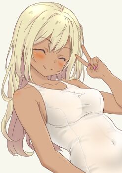 1girl absurdres blonde_hair blush breasts closed_eyes collarbone commentary_request covered_navel daipunch dark-skinned_female dark_skin galzaki-san_(daipunch) gyaru highres long_hair one-piece_swimsuit original pink_nails side_ponytail smile solo swimsuit upper_body v white_background white_one-piece_swimsuit
