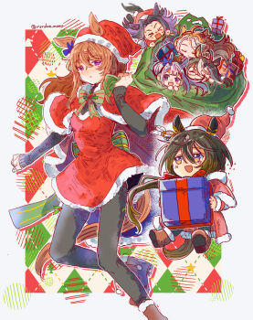 &gt;_&lt; 6+girls ahoge animal_ears black_bodysuit black_hair blue_eyes blunt_bangs blush bodysuit bodysuit_under_clothes boots bow box breasts brown_boots brown_eyes brown_hair capelet christmas closed_eyes closed_mouth dream_journey_(umamusume) dress ear_covers ear_ornament ears_through_headwear fenomeno_(umamusume) flipped_hair fur-trimmed_boots fur-trimmed_capelet fur-trimmed_dress fur-trimmed_headwear fur_trim gift gift_box glasses gold_ship_(umamusume) green_bow grey_hair hair_between_eyes hat highres holding holding_gift holding_sack horse_ears horse_girl horse_tail long_hair long_sleeves multicolored_hair multiple_girls nakayama_festa_(umamusume) open_mouth orange_hair orfevre_(umamusume) pillbox_hat purple_bow purple_eyes purple_hair red_capelet red_dress red_hat roroko_momo sack santa_costume santa_dress santa_hat single_ear_cover smile stay_gold_(umamusume) stay_gold_clan_(umamusume) streaked_hair tail two-tone_hair umamusume white_hair