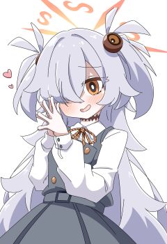 Rule 34 | 1girl, absurdres, blue archive, blush, bright pupils, brown eyes, brown ribbon, buttons, collared shirt, commentary, diagonal-striped clothes, diagonal-striped ribbon, double-breasted, dress, grey dress, grey hair, hair ornament, hair over one eye, halo, hands up, heart, highres, kanoe (blue archive), long hair, long sleeves, looking at viewer, neck ribbon, one eye closed, open mouth, orange halo, own hands together, palms together, pinafore dress, pleated dress, puffy long sleeves, puffy sleeves, reiremi, ribbon, scar, scar on neck, shirt, simple background, sleeveless, sleeveless dress, smile, solo, sphere hair ornament, striped clothes, striped ribbon, two side up, very long hair, white background, white pupils, white shirt