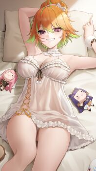 1girl absurdres babydoll breasts chemise commentary english_commentary frilled_babydoll gawr_gura green_hair green_highlights hair_bun highres hololive hololive_english holomyth lace-trimmed_nightgown large_breasts looking_at_viewer lying mori_calliope mori_calliope_(1st_costume) multicolored_hair ninomae_ina&#039;nis ninomae_ina&#039;nis_(1st_costume) official_alternate_costume official_alternate_hairstyle on_back on_bed orange_hair paid_reward_available pillow purple_eyes see-through_babydoll see-through_clothes smile solo somebody_(leiking00) takanashi_kiara takanashi_kiara_(cozy) two-tone_hair virtual_youtuber watson_amelia white_babydoll white_chemise