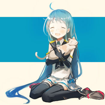 Rule 34 | 1girl, :d, ahoge, alt (apou), animal, bandaid, bandaid on face, black gloves, black sailor collar, black thighhighs, blue background, blue hair, blush, cat, closed eyes, collared shirt, commentary request, elbow gloves, full body, gloves, holding, holding animal, holding cat, kantai collection, long hair, long sleeves, open mouth, sailor collar, samidare (kancolle), school uniform, serafuku, shirt, simple background, sitting, skirt, sleeveless, sleeveless shirt, smile, solo, thighhighs, two-tone background, very long hair, wariza, white background, white skirt, zettai ryouiki