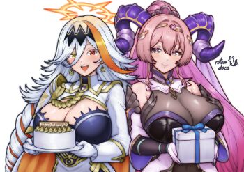 2girls :d artist_name baldr_(fire_emblem_heroes) bare_shoulders birthday_cake blush box breasts cake cleavage cleavage_cutout clothing_cutout colored_inner_hair commentary detached_sleeves earrings english_commentary fire_emblem fire_emblem_heroes food gem gift gift_box gloves glowing glowing_halo hair_between_eyes halo hands_up happy_birthday heterochromia high_ponytail highres holding holding_cake holding_food holding_gift horns huge_breasts incoming_gift jewelry long_hair long_sleeves looking_at_viewer mature_female multicolored_hair multicolored_horns multiple_girls nerthuz_(fire_emblem) nintendo open_mouth orange_streaks pink_hair ponytail purple_horns red_eyes ribbon rotomdocs shirt sidelocks signature smile streaked_hair tiara two-tone_hair upper_body very_long_hair white_background white_gloves white_hair white_shirt yellow_eyes