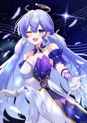 Rule 34 | 1girl, absurdres, asymmetrical gloves, bare shoulders, bracelet, breasts, cleavage, detached sleeves, dress, earrings, falling feathers, feathers, gloves, hair between eyes, halo, head wings, highres, honkai: star rail, honkai (series), jewelry, long hair, looking at viewer, nassss, open mouth, purple dress, purple hair, robin (honkai: star rail), solo, teeth, two-tone dress, uneven gloves, upper teeth only, white dress, white gloves, wings