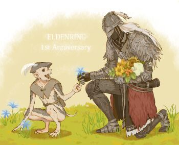 2boys :d animal anniversary arizuka_(catacombe) armor armored_boots blue_flower boc_the_seamster boots breastplate brown_background brown_headwear character_request collarbone elden_ring flower from_side full_armor gauntlets grass grey_hair happy hat_feather helmet long_hair looking_at_another looking_back monkey multiple_boys on_one_knee open_mouth orange_flower smile squatting tarnished_(elden_ring) white_background