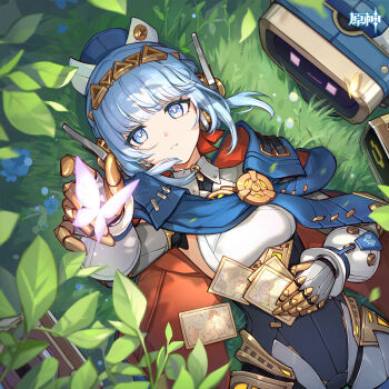 Rule 34 | 1girl, absurdres, aino (genshin impact), android, blue butterfly, blue cape, blue eyes, blue hair, bug, butterfly, cape, chinese commentary, commentary request, flins (genshin impact), genshin impact, grass, highres, ineffa (genshin impact), insect, jahoda (genshin impact), joints, leaf, long hair, looking at viewer, lying, mavuika (genshin impact), official art, on back, outdoors, parted lips, photo (object), reaching, reaching towards viewer, robot ears, robot girl, robot joints, solo