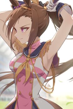 1girl animal_ears armpits breasts brown_hair character_request hairband highres horse_ears horse_girl long_hair medium_breasts ponytail profnote purple_eyes sailor_collar sakura_bakushin_o_(blossom_in_learning)_(umamusume) sakura_bakushin_o_(umamusume) smile solo umamusume