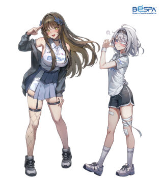 2girls :3 ahoge armpits bandaged_leg bandages bandaid bandaid_on_knee bandaid_on_leg bandaid_on_thigh bare_shoulders black_choker black_jacket black_shorts black_survival blue_skirt blush breasts brown_hair choker closed_mouth clothes_writing collared_shirt dolphin_shorts eternal_return:_black_survival eyepatch finger_gun fishnet_thighhighs fishnets green_eyes gweon_sua gyogyog hair_branch hairband hand_on_own_thigh hand_up high-waist_skirt highres jacket kneehighs large_breasts leaning_forward long_hair long_sleeves looking_at_viewer medical_eyepatch medium_hair multiple_girls off_shoulder open_clothes open_jacket pleated_skirt puff_of_air salute shirt shirt_tucked_in shoes short_shorts short_sleeves shorts simple_background single_thighhigh sissela_kyle skindentation skirt sleeveless sleeveless_shirt smile socks sweatband symbol-shaped_pupils thigh_strap thighhighs two-finger_salute v-shaped_eyebrows white_background white_hair white_shirt white_shoes white_socks