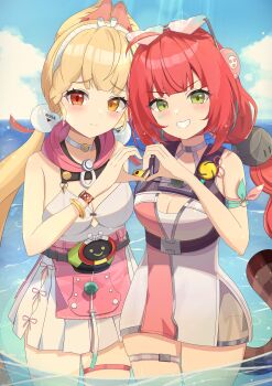2girls absurdres ahoge alice_thymefield alice_thymefield_(sea_of_thyme) animal_ear_fluff animal_ears bare_shoulders blonde_hair blue_sky bracelet braid braided_twintails breasts camera camera_around_neck cleavage closed_mouth cloud commentary_request cowboy_shot dress_swimsuit eyewear_on_head facial_mark gradient-tinted_eyewear green_eyes grin hair_ornament hairband hearing_aid heart heart-shaped_eyewear heart_facial_mark heart_hands heart_hands_duo heterochromia highres horizon in_water jewelry kamanosuke_(zenless_zone_zero) large_breasts lilack_gg long_hair looking_at_viewer low_twintails multiple_girls official_alternate_costume one-piece_swimsuit outdoors pink_one-piece_swimsuit rabbit_ears rabbit_girl raccoon red_eyes red_hair sky smile sphere_hair_ornament swimsuit tanuki thigh_strap tinted_eyewear twintails two-tone_one-piece_swimsuit ukinami_yuzuha ukinami_yuzuha_(tanuki_in_broad_daylight) v-shaped_eyebrows wading water white_hairband white_one-piece_swimsuit yellow_eyes zenless_zone_zero