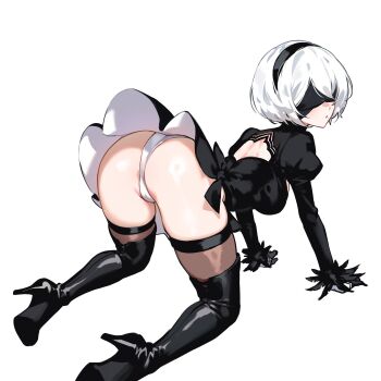 1girl 2b_(nier:automata) absurdres all_fours ass back_cutout black_boots black_dress black_gloves black_hairband black_thighhighs blindfold boots breasts closed_mouth clothing_cutout commentary covered_eyes dress facing_back feather-trimmed_sleeves foolish_potato gloves hairband high_heel_boots high_heels highres juliet_sleeves large_breasts long_sleeves mole mole_under_mouth nier:automata nier_(series) partially_visible_anus puffy_sleeves shiny_skin shoe_soles short_hair simple_background solo thigh_boots thighhighs thighhighs_under_boots white_background white_hair
