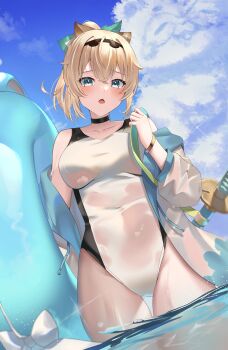 1girl absurdres black_choker blonde_hair blue_eyes breasts cane choker commentary_request highres holding holding_swim_ring hololive innertube kazama_iroha looking_at_viewer medium_breasts one-piece_swimsuit open_mouth pendora1022 solo swim_ring swimsuit sword virtual_youtuber water weapon white_one-piece_swimsuit